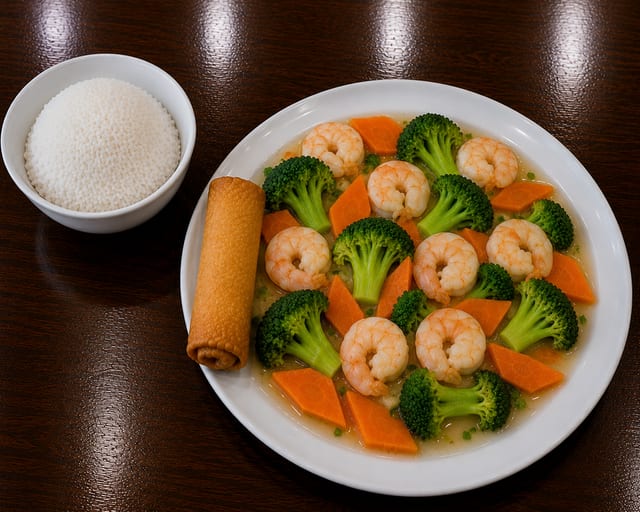 Steamed Shrimp with Broccoli (White Sauce).
