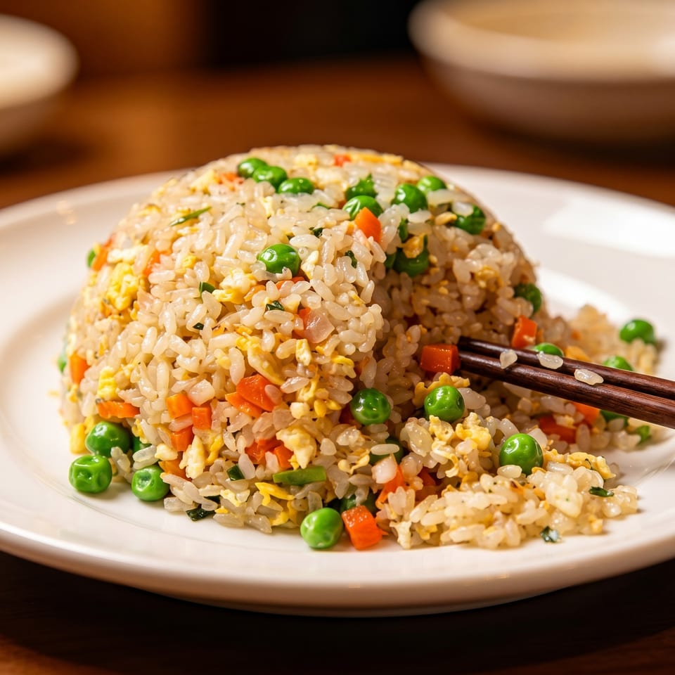 A mound of fried rice with peas, carrots, and scrambled egg, with chopsticks resting on the side.