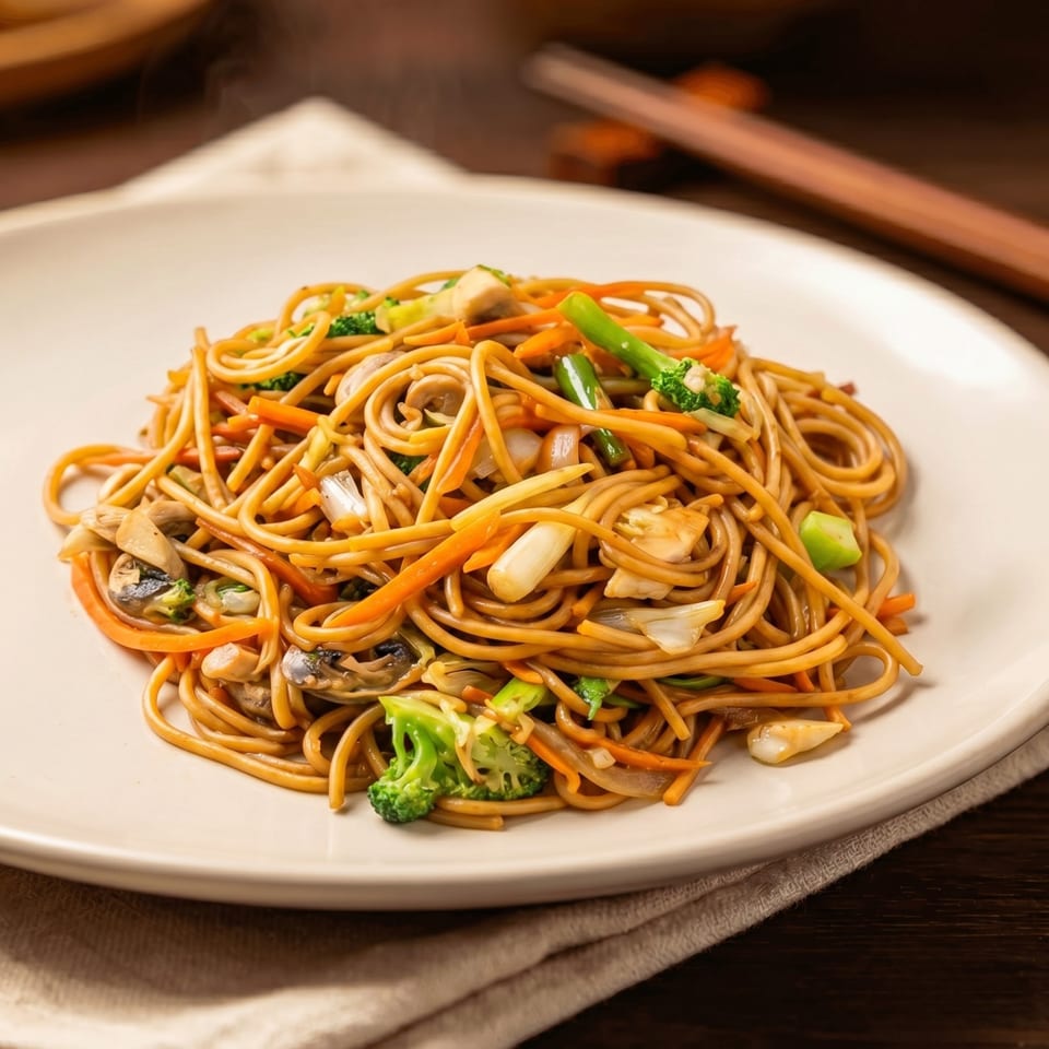 Steaming plate of lo mein noodles with broccoli, carrots, mushrooms, and onions.