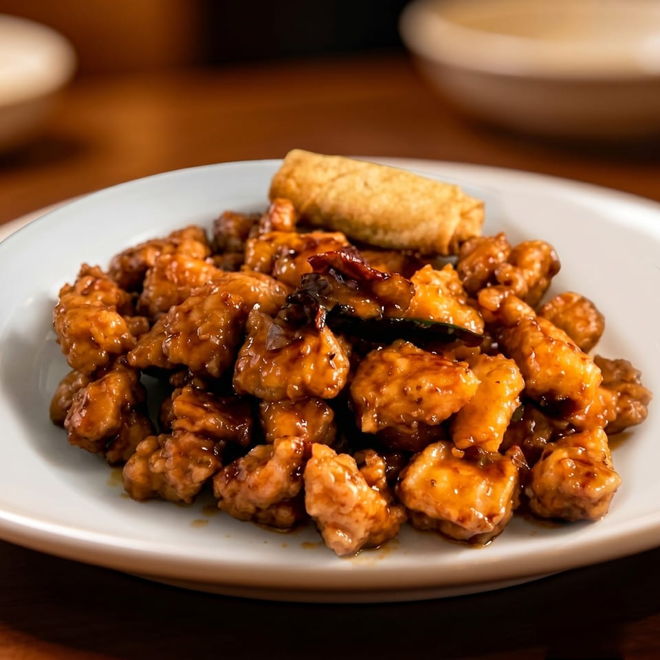 A white plate filled with orange chicken and a single egg roll on a wooden table.