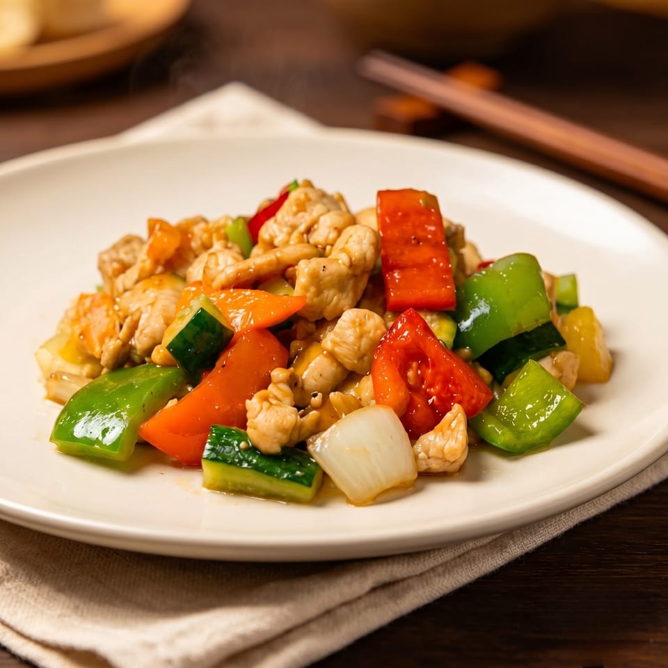 Stir-fried chicken with vibrant red and green bell peppers, onions, and cucumbers on a white plate.