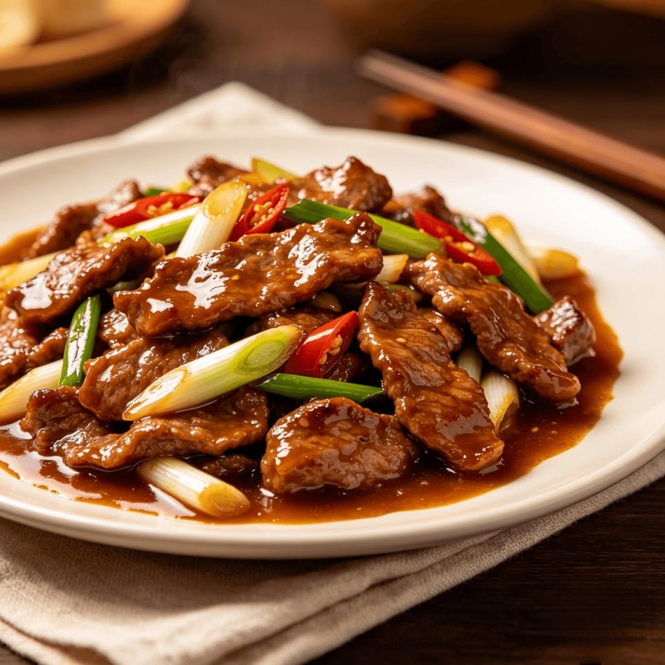 Steaming beef stir-fry with green onions and red chili on a white plate.