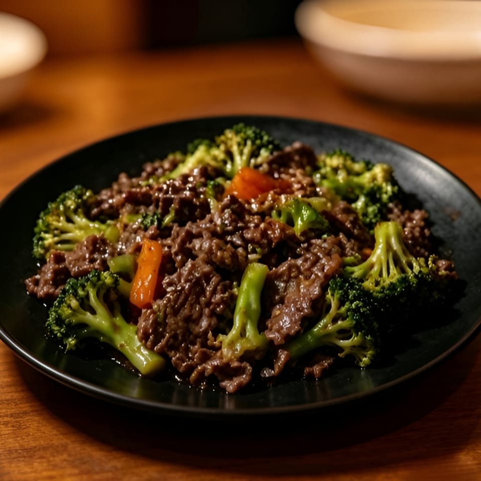A close-up of beef and broccoli stir-fry with carrots on a black plate, on a wooden table.